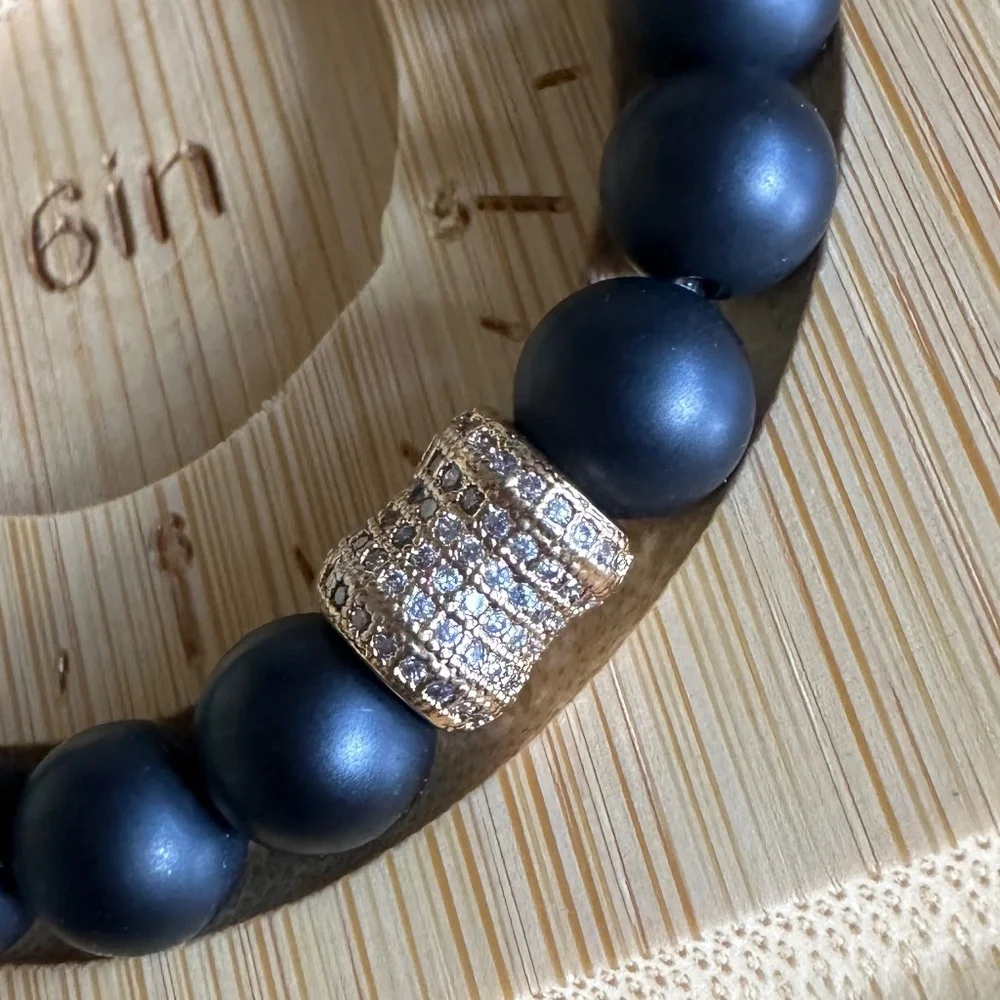 Matte Onyx 8mm Stretch Bracelet w/ Gold Crystal Pave Spacer